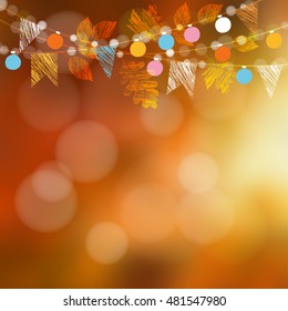 Autumn Fall Card, Banner. Garden Party Decoration. Garland Of Oak, Maple Leaves, Lights, Party Flags.Vector Blurred Illustration Background. 