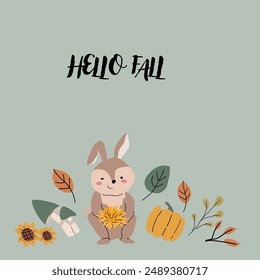 Autumn fall card template with seasonal leaves and items. Celebration design with childrens forest animal and harvest elements.