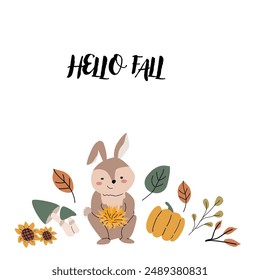 Autumn fall card template with seasonal leaves and items. Celebration design with childrens forest animal and harvest elements.