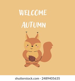 Autumn fall card template with seasonal leaves and items. Celebration design with childrens forest animal and harvest elements.