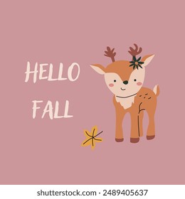 Autumn fall card template with seasonal leaves and items. Celebration design with childrens forest animal and harvest elements.