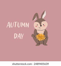 Autumn fall card template with seasonal leaves and items. Celebration design with childrens forest animal and harvest elements.