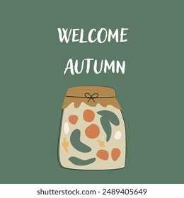 Autumn fall card template with seasonal leaves and items. Celebration design with hand drawn cozy and harvest elements.