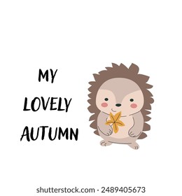 Autumn fall card template with seasonal leaves and items. Celebration design with childrens forest animal and harvest elements.