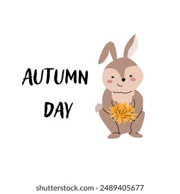 Autumn fall card template with seasonal leaves and items. Celebration design with childrens forest animal and harvest elements.