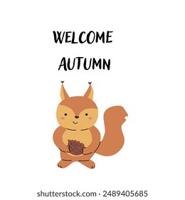 Autumn fall card template with seasonal leaves and items. Celebration design with childrens forest animal and harvest elements.