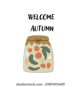 Autumn fall card template with seasonal leaves and items. Celebration design with childrens forest animal and harvest elements.