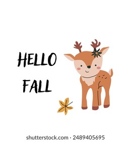 Autumn fall card template with seasonal leaves and items. Celebration design with childrens forest animal and harvest elements.