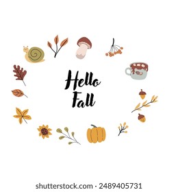 Autumn fall card template with seasonal leaves and items. Celebration design with childrens forest animal and harvest elements.