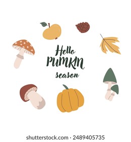 Autumn fall card template with seasonal leaves and items. Celebration design with childrens forest animal and harvest elements.