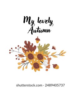 Autumn fall card template with seasonal leaves and items. Celebration design with childrens forest animal and harvest elements.