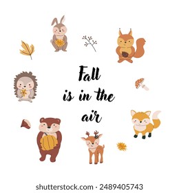 Autumn fall card template with seasonal leaves and items. Celebration design with childrens forest animal and harvest elements.