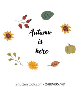 Autumn fall card template with seasonal leaves and items. Celebration design with childrens forest animal and harvest elements.