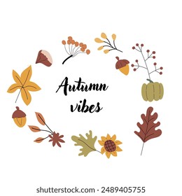 Autumn fall card template with seasonal leaves and items. Celebration design with childrens forest animal and harvest elements.