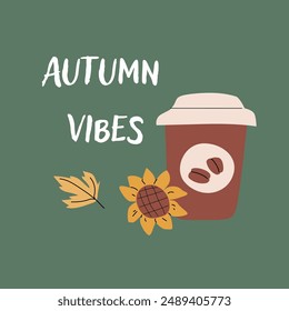 Autumn fall card template with seasonal leaves and items. Celebration design with hand drawn cozy and harvest elements.