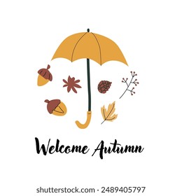 Autumn fall card template with seasonal leaves and items. Celebration design with childrens forest animal and harvest elements.