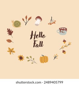 Autumn fall card template with seasonal leaves and items. Celebration design with childrens forest animal and harvest elements.