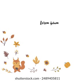 Autumn fall card template with seasonal leaves and items. Celebration design with childrens forest animal and harvest elements.