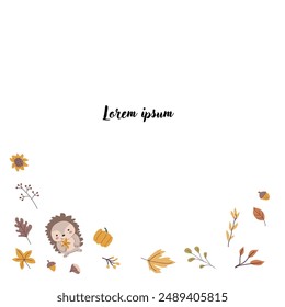 Autumn fall card template with seasonal leaves and items. Celebration design with childrens forest animal and harvest elements.