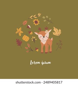 Autumn fall card template with seasonal leaves and items. Celebration design with childrens forest animal and harvest elements.