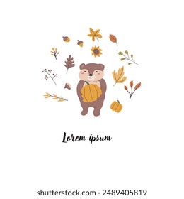 Autumn fall card template with seasonal leaves and items. Celebration design with childrens forest animal and harvest elements.