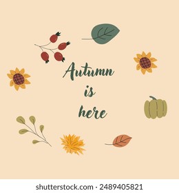 Autumn fall card template with seasonal leaves and items. Celebration design with childrens forest animal and harvest elements.