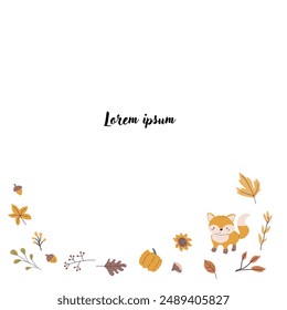 Autumn fall card template with seasonal leaves and items. Celebration design with childrens forest animal and harvest elements.