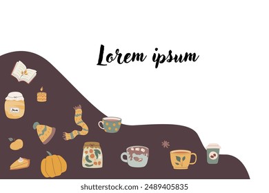 Autumn fall card template with seasonal leaves and items. Celebration design with childrens forest animal and harvest elements.