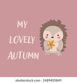 Autumn fall card template with seasonal leaves and items. Celebration design with childrens forest animal and harvest elements.