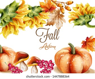 Autumn Fall card Vector watercolor. pumpkin, sunflower and mushrooms illustration