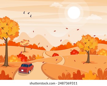 Paisaje con un coche en el fondo de la carretera. árboles y colinas en la llanura. Ilustración vectorial en estilo plano.