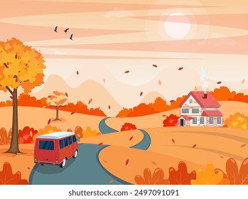 autumn fall cartoon Landscape with a car on the road background. trees and hills on the plain. Vector illustration in flat style.