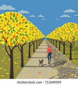 Autumn fall in city garden poster. Sports, autumnal public park. Bicyclist riding bicycle. Running pet dog on fallen leaves. Colorful cartoon retro style. Vector active lifestyle vintage illustration