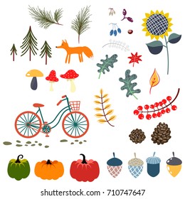 Autumn fall clip art vector illustrations. Forest flowers, leaves, fox and pumpkins on white.