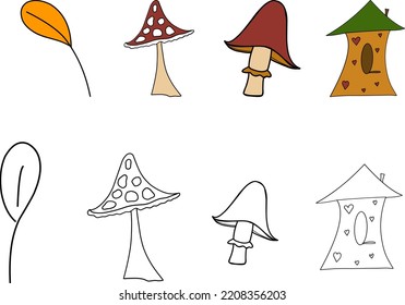 Autumn Fall Clipart, Hand Drawn Clipart, Mushrooms Tower Foliage Cone Acorn