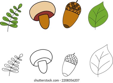 Autumn Fall Clipart, Hand Drawn Clipart, Mushrooms Tower Foliage Cone Acorn