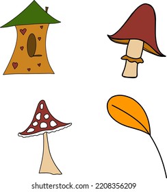 Autumn Fall Clipart, Hand Drawn Clipart, Mushrooms Tower Foliage Cone Acorn