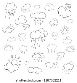 Autumn, fall clouds, vector set, 26 element of line art, symbol of forecast weather: sunny, rainny, windy, cloudy, storm, isolated objects on the white background, drawing handmade illustration