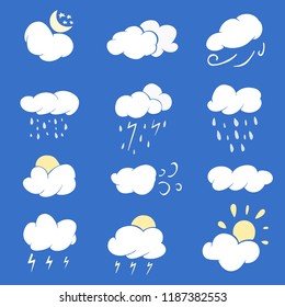 Autumn, fall clouds, vector set, 12 element, flat style, symbol of forecast weather: sunny, rain, windy, cloudy, storm, objects on the blue background, isolated element of weather