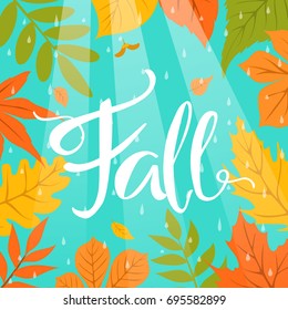 autumn fall colorful border frame background with park leaves rain drops and sun beams