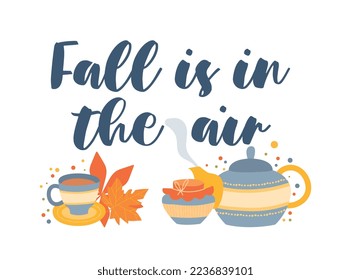 Autumn fall concept. Mugs or cups with hot drinks, coffee and tea near yellow and red leaves. Symbol of autumn season and cold weather. Comfort and coziness. Cartoon flat vector illustration