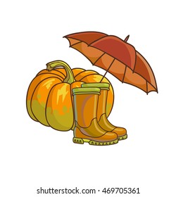 Concepto de otoño o otoño con botas de goma de lluvia, paraguas y hojas amarillas. Ilustración vectorial. Aislado en blanco.