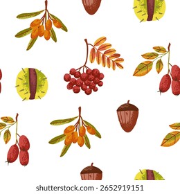 Outono outono padrão acolhedor sem emenda com folhas amarelas e frutos vermelhos. Impressão em estilo plano com bolota e castanha