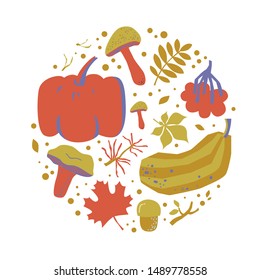 Autumn, Fall cozy set cute hand drawn elements in cartoon style. Leaves, mushrooms, pumpkin, berries. Collection for web, card, poster, cover, tag, invitation, sticker. Vector illustration