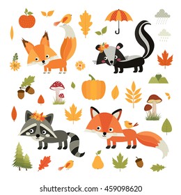Autumn. Fall. Cute forest animals. Squirrel, skunk, raccoon and fox. Vector set. 