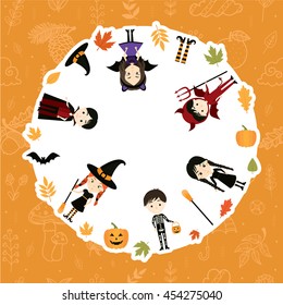 Autumn, Fall. Cute kids in Halloween costumes. Sticker for Halloween. Vector illustration.