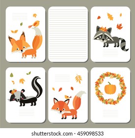 Autumn. Fall.  Cute pages for notes with forest animals. Squirrel, skunk, raccoon and fox. Notebooks, decals, diary, cards, school accessories
