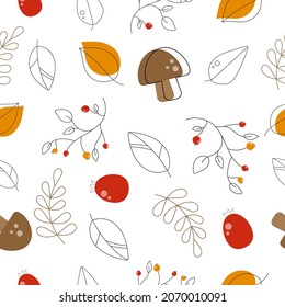 Autumn Fall cute pattern with mushroom, leave, branch
