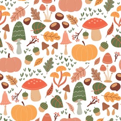 Autumn Fall Cute Pattern With Pumpkins And Toadstools For Thanks Giving, Autumn Season, Background, Wallpaper