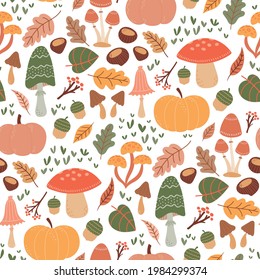 Autumn Fall cute pattern with pumpkins and toadstools for thanks giving, autumn season, background, wallpaper